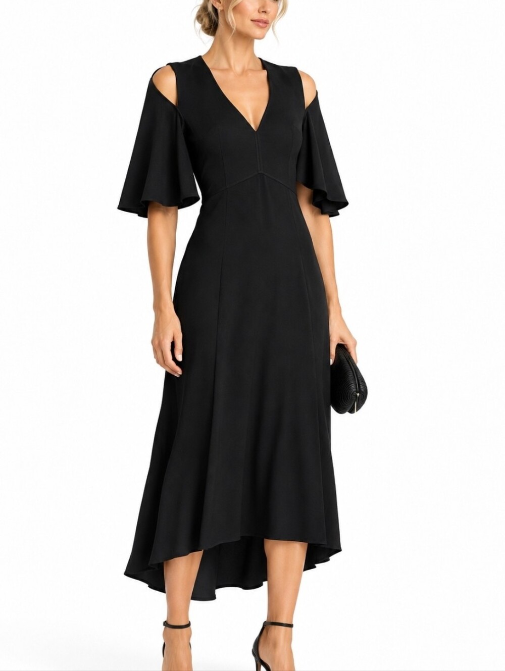 Victoria Beckham Black Cold Shoulder Cape Sleeve Crepe Midi Dress US 8